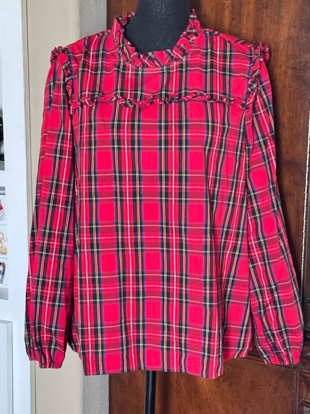 J Crew Red Plaid Poplin Ruffle Blouse